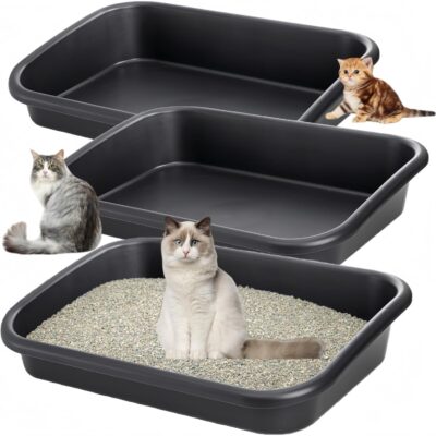 Tlence 3 Pack Low Entry Cat Litter Box, 23" Open Top Pet Litter Pan for Kitten, Extra Large Senior Cat Travel Toilet, Shallow Potty Tray Boxes for Indoor Outdoor Frail Handicap Disabled Elderly Cats