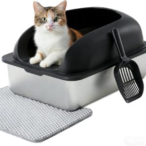 HealSmart Stainless Steel XL Cat Litter Box, Extra Large Cat Litter Box with Lid, High Sided Metal Litter Tray for Big Cats, Anti-Urine Leakage Non-Stick Easy Clean, Black