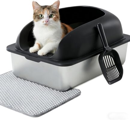 HealSmart Stainless Steel XL Cat Litter Box, Extra Large Cat Litter Box with Lid, High Sided Metal Litter Tray for Big Cats, Anti-Urine Leakage Non-Stick Easy Clean, Black